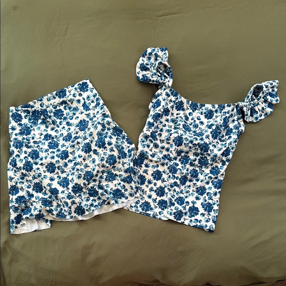 Albion floral blue swim skirt and top with ruffles